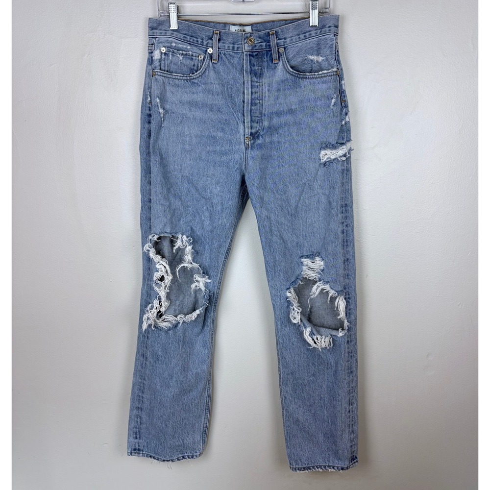 AGOLDE 90's Jean Blue Destroyed Denim Button Fly Ripped Statement Size 28 - Picture 3 of 11